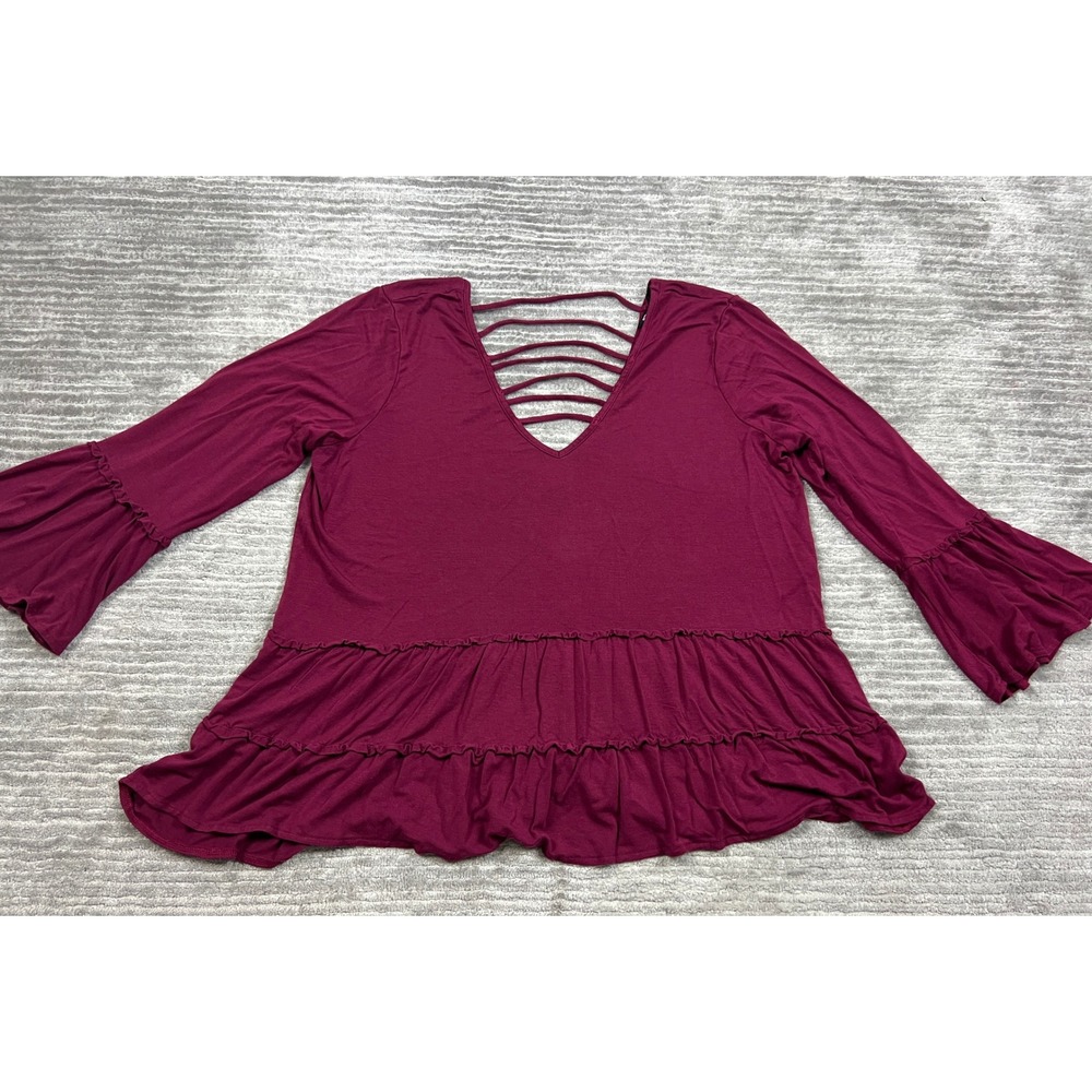 Miss Chievous‎ Top Womens XL Red V-Neck Bell Sleeve Blouse Rayon Blend